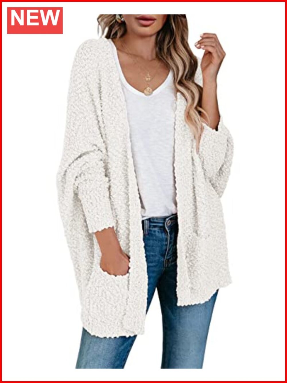 Oversized Chunky Popcorn Knit Cardigan Batwing Sleeve Cozy Sweater